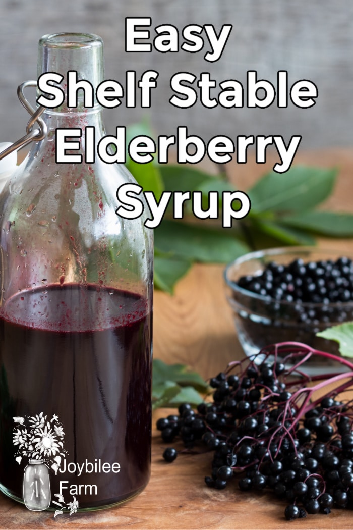 A bottle of elderberry syrup on a wooden table, with fresh elderberries in the background