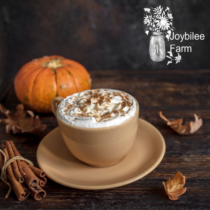 A pumpkin spice latte on a dark wooden table with a pumpkin in the background
