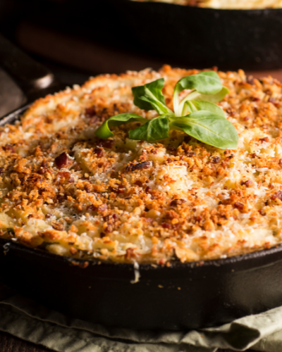 turkey shepherds pie baked in a cast iron skillet