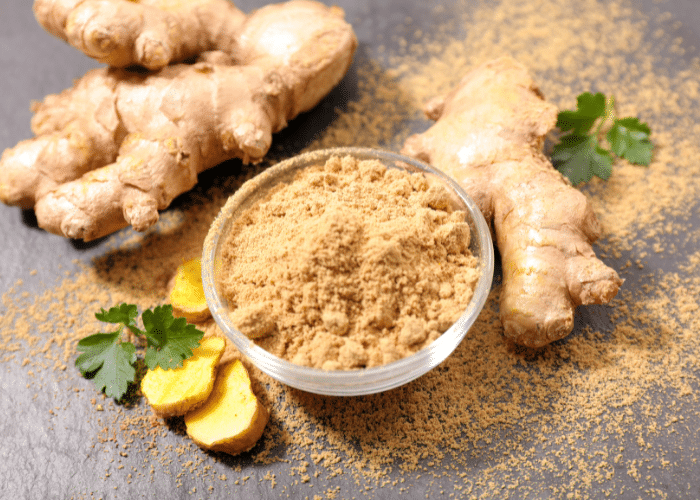 Dried ground ginger, and fresh ginger for ginger bug