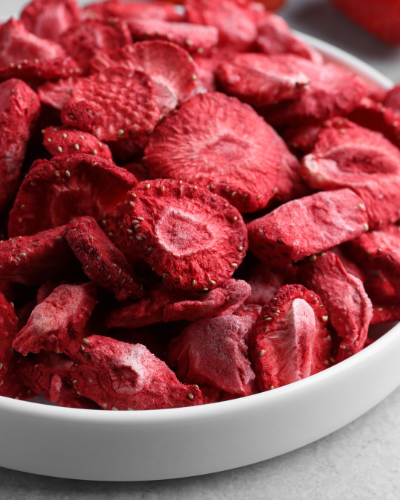freeze dried strawberries in a white bowl