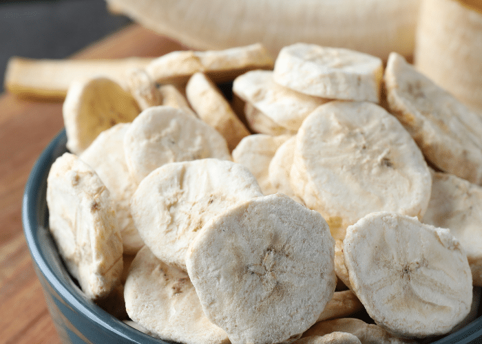 freeze dried bananas in a blue bowl
